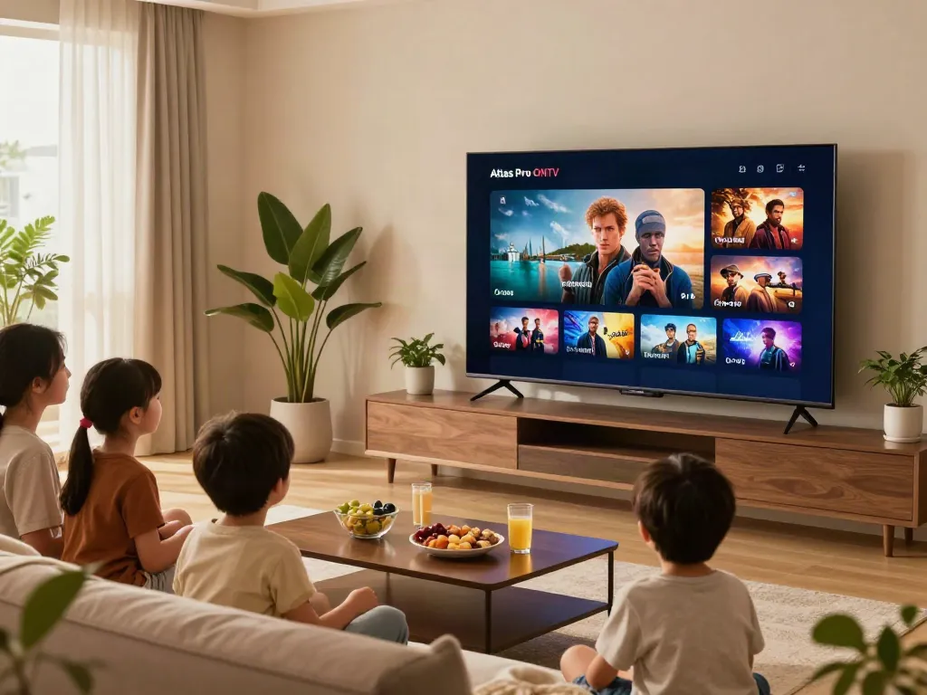 Famille utilisant l'application Atlas Pro ONTV pour profiter de films et séries.
