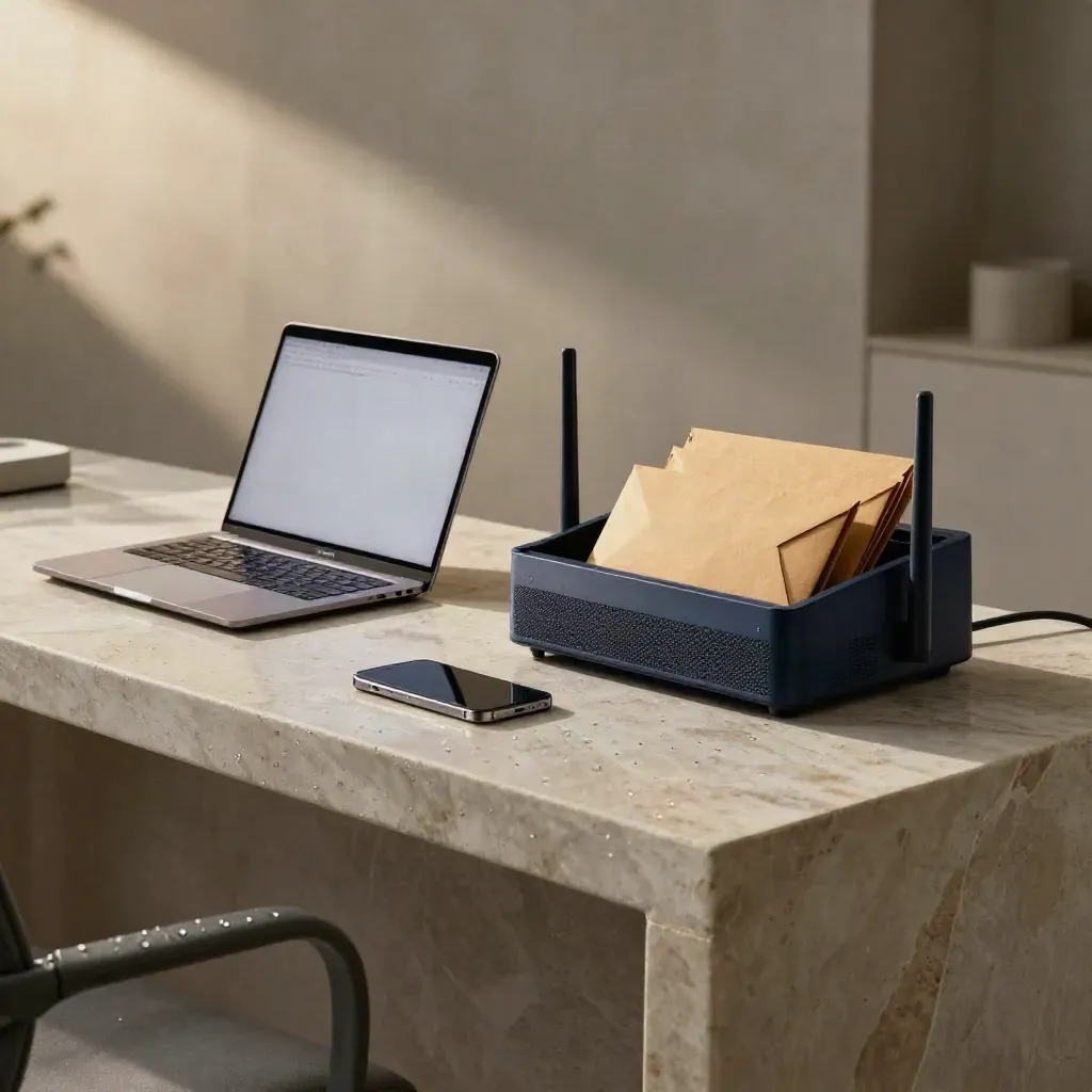 Bureau mail en pierre claire, laptop, routeur mesh, smartphone et enveloppes sous la pluie.