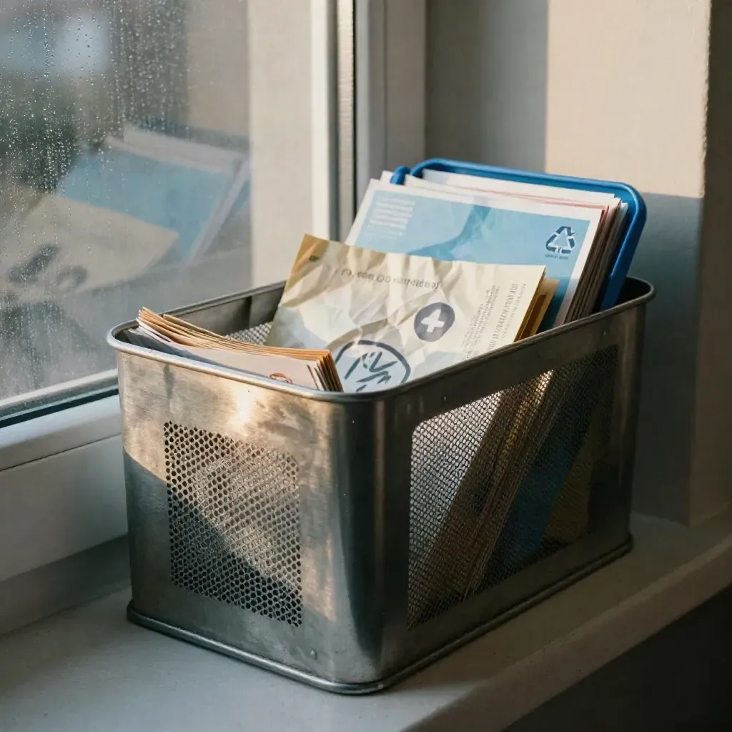 Bac métallique de tri avec courriers pub froissés, filtre perforé et lumière du matin pluvieux.