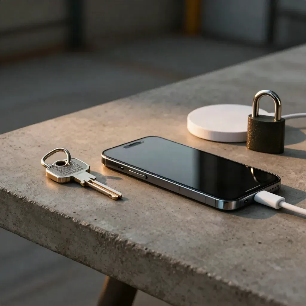 Smartphone verrouillé, clé de sécurité, cadenas et support de charge sur table en béton.