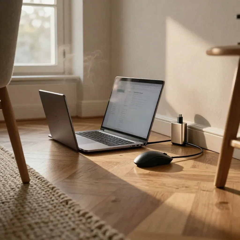 Téléphone, souris sans fil, adaptateur USB-C et portable ouvert sur un parquet au lever du jour.