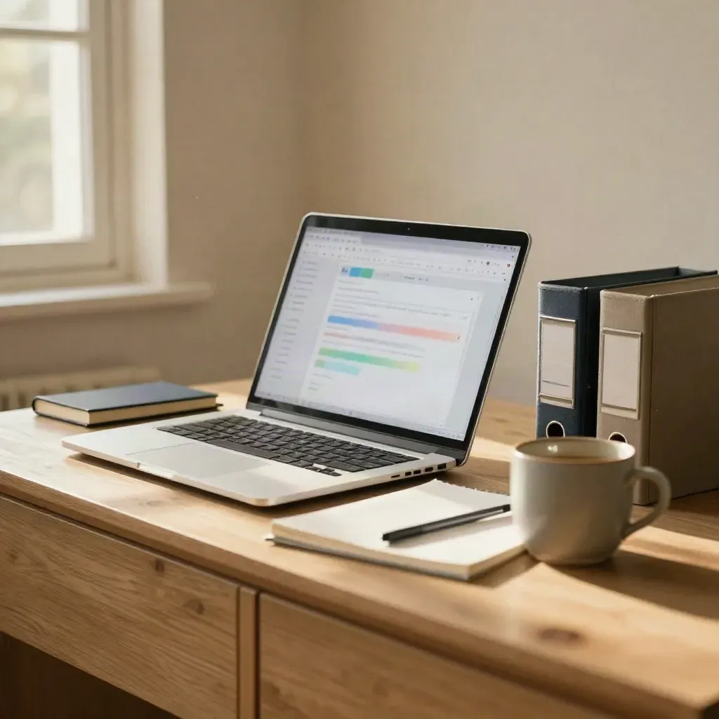 Coin bureau avec portable ouvert, boîtes d’archives, carnet fermé et tasse mate sur bois blond.