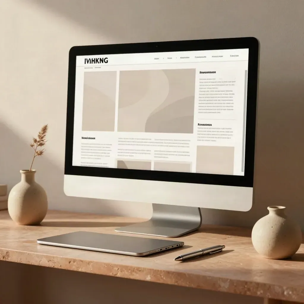 Ordinateur, tablette neutre, stylo fermé et vase discret dans une lumière douce de studio.