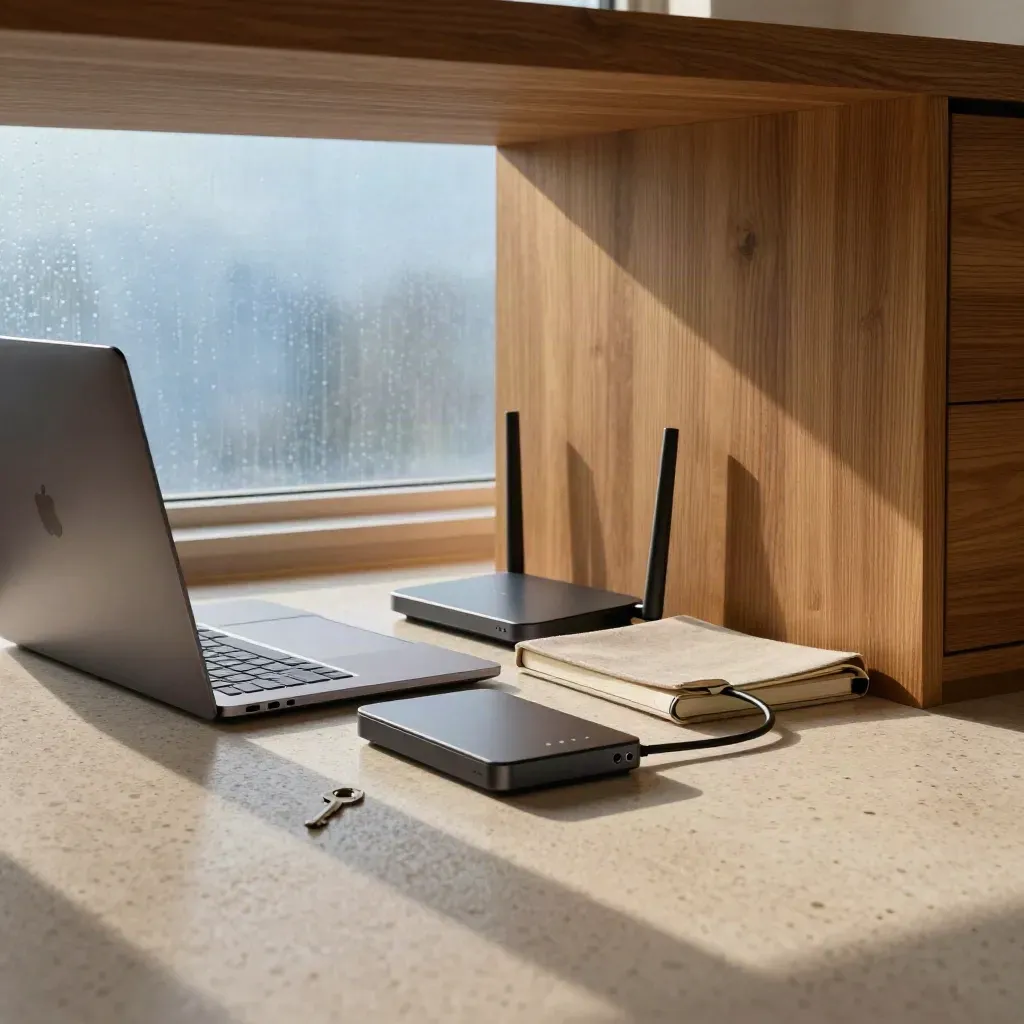Vue du sol d’un bureau freelance avec portable, routeur, disque externe et carnet, sous une pluie fine.