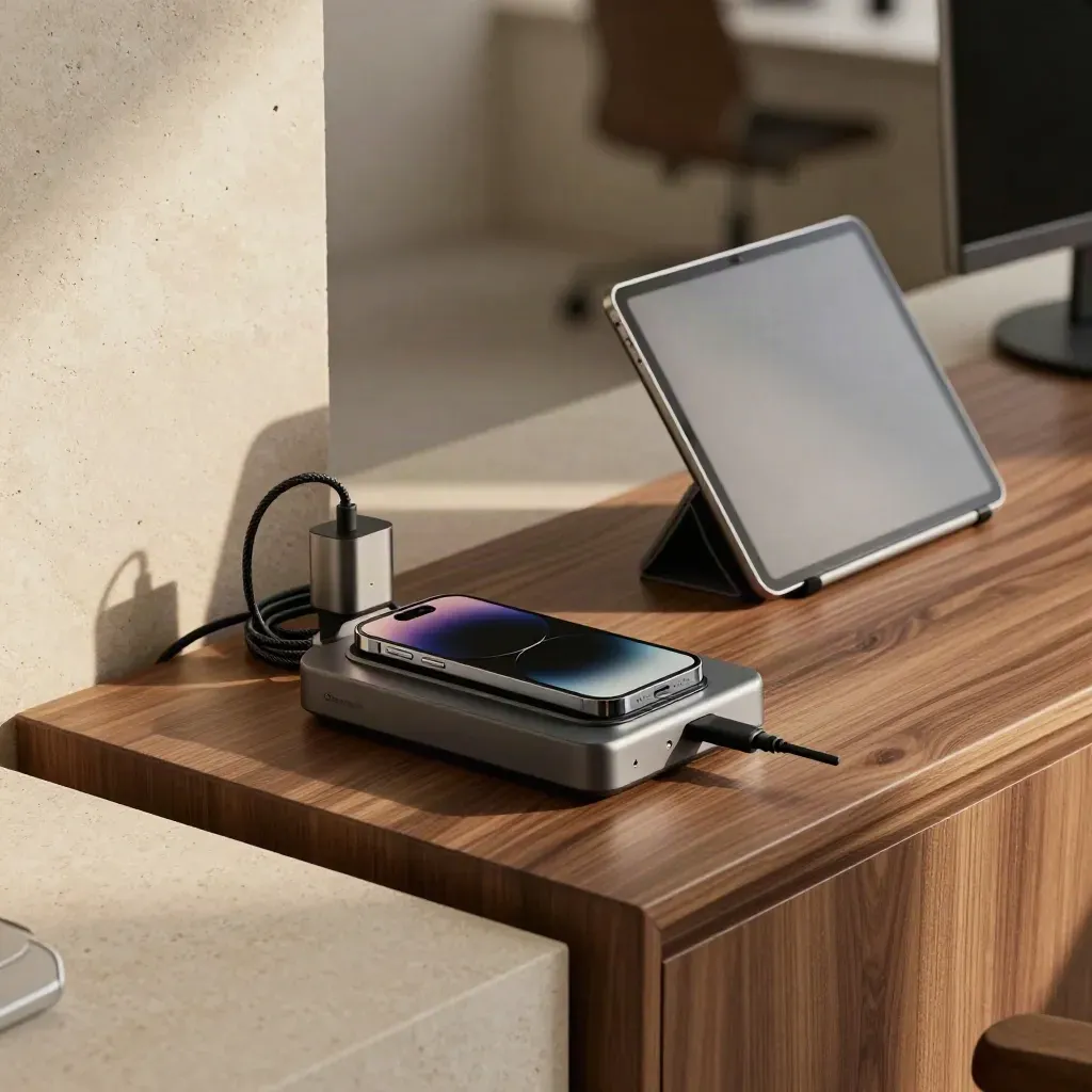 Poste Outlook sur crédence en noyer avec téléphone, chargeur et support en pierre, lumière d’après-midi.