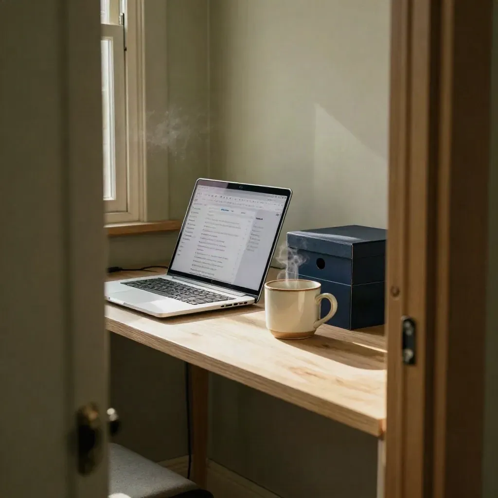Coin Gmail pro avec portable incliné, boîtes de rangement et tasse en grès, vu depuis une porte.