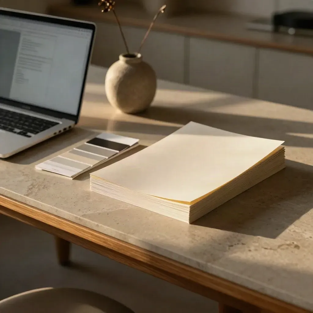 Bureau newsletter minimaliste avec portable ouvert, cartes neutres, vase bas et piles de feuilles.