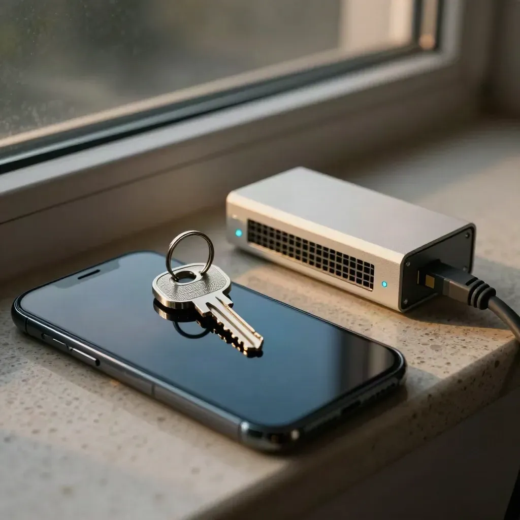 Clé physique, smartphone verrouillé et boîtier réseau sur pierre au crépuscule.
