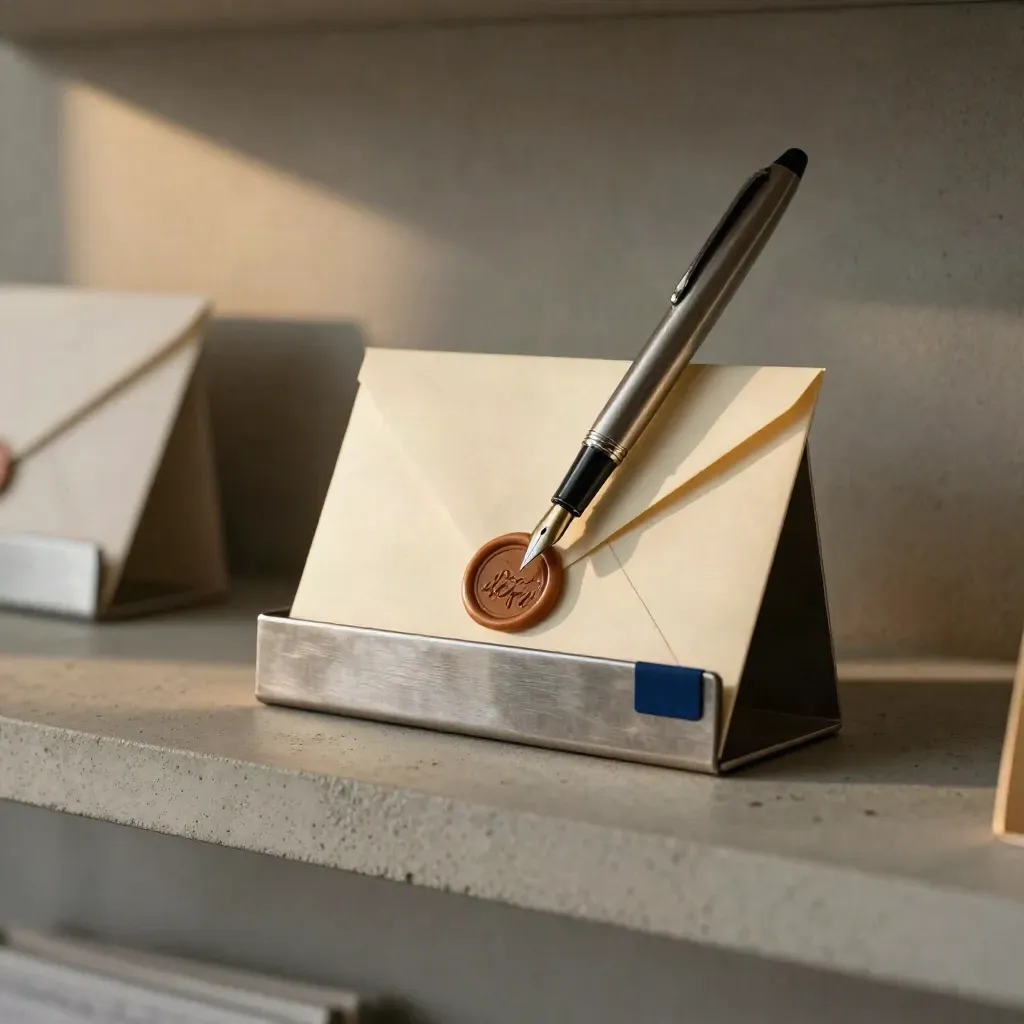 Porte-cartes en métal, plume, sceau de cire et enveloppe crème sur pierre grise.