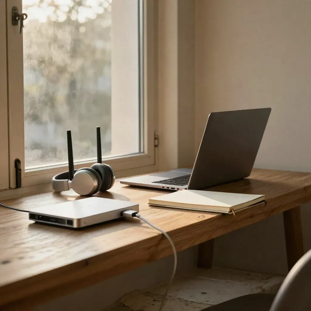 Coin de travail freelance au lever du jour avec portable, routeur, casque et disque externe.