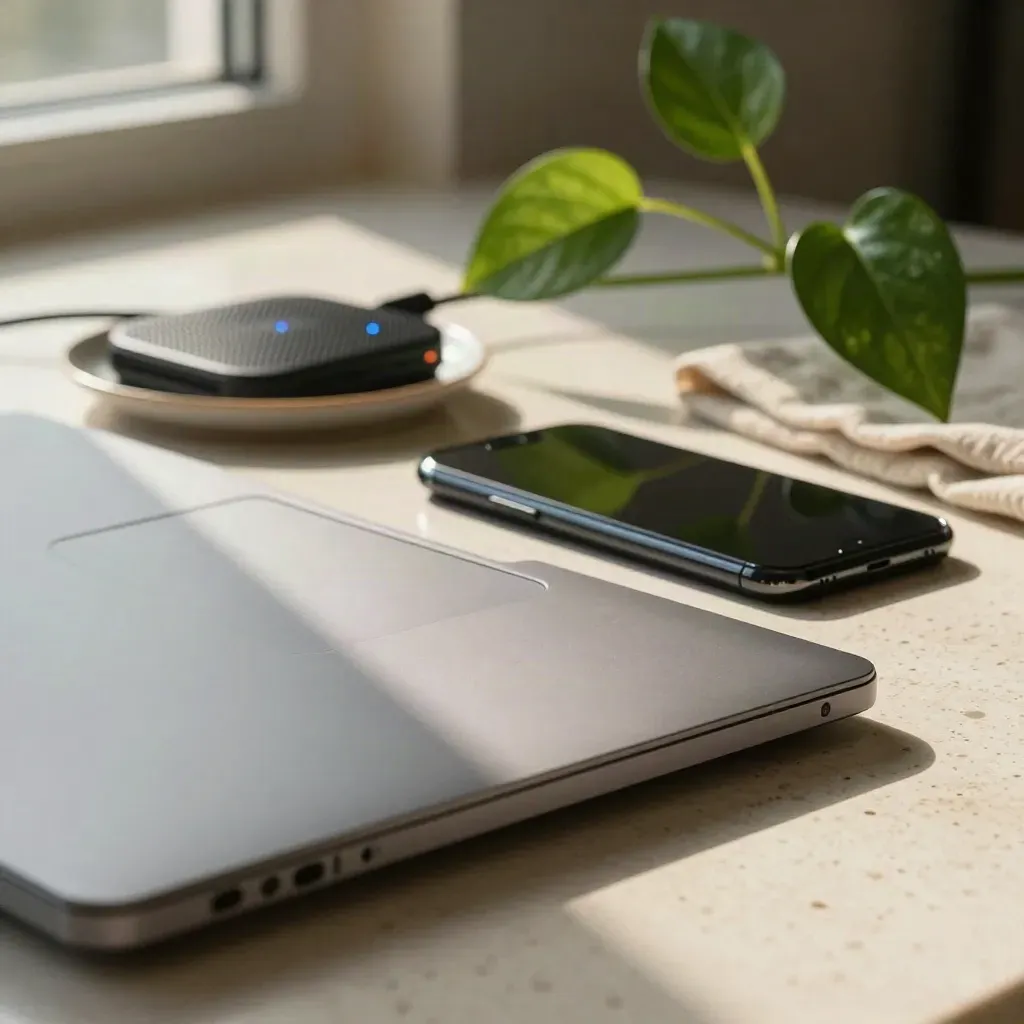 Kit mail pro: laptop, smartphone, routeur mesh et pothos sur pierre claire.