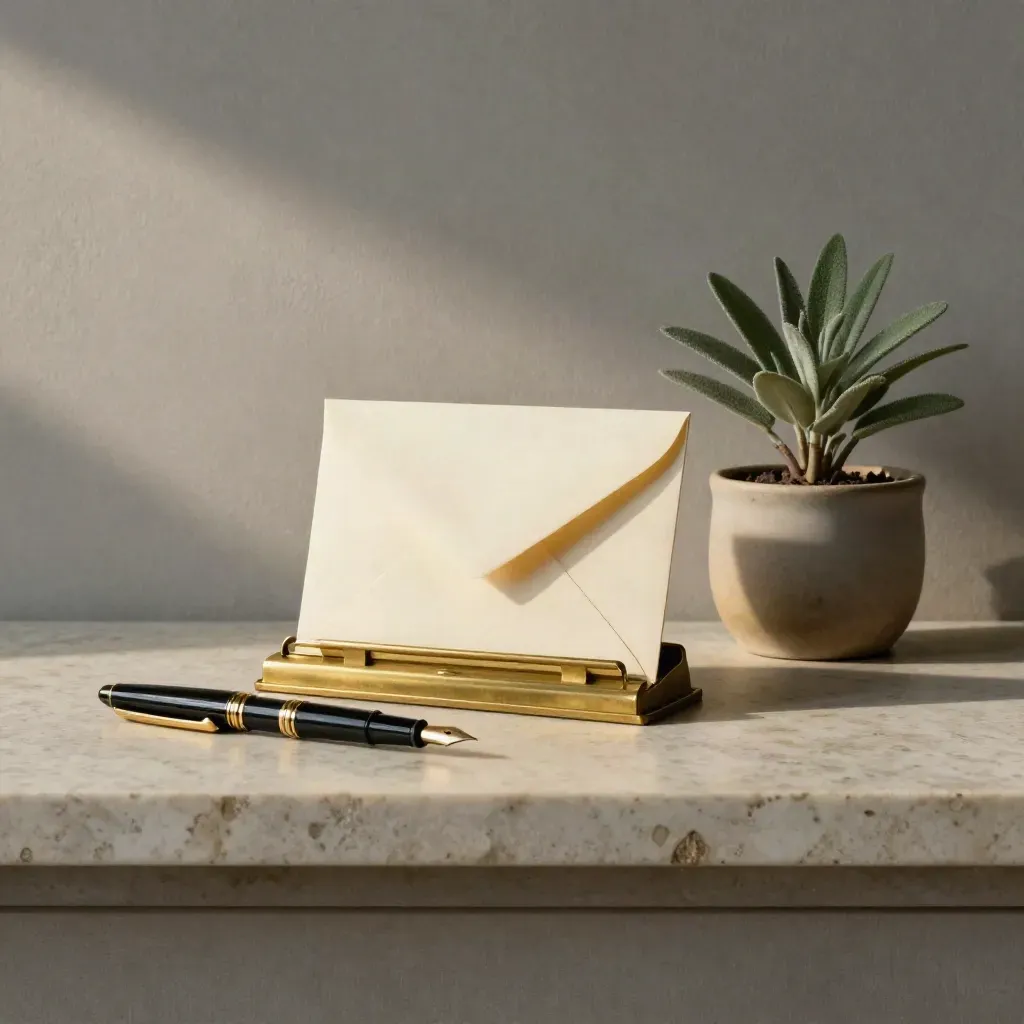 Porte-cartes en laiton, stylo plume, enveloppe crème et petite plante sur pierre claire.